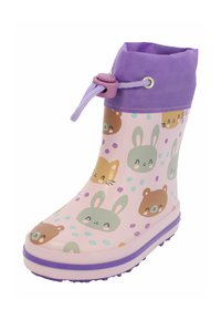 Rubberen regenlaars in het roze met een lila cuff, voorzien van een cartoonpatroon van konijnen en beren, aangevuld met gekleurde stippen en een trekkoord.