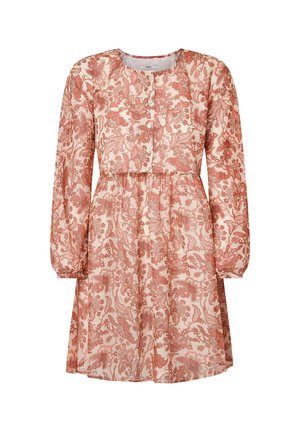 Kukkakuvioinen mekko vaaleanpunaisena ja ruosteenvärisenä, pitkät hihat, pyöreä pääntie, napit edessä, kootut vyötäröllä, kevyt kangas.