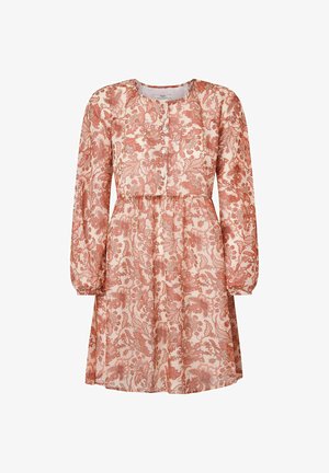 Květinové šaty s dlouhými rukávy v světle růžové a rezavé barvě, kulatý výstřih, knoflíky po celé přední části, nařasený pas, lehký materiál.