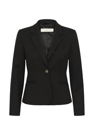 Black blazer featuring a tailored design, single gold button, notched lapels, and two front pockets with a smooth interior lining.