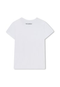 T-shirt en coton blanc avec un col rond, des manches courtes et une coupe droite. Présente un logo imprimé en noir à l'arrière du col.