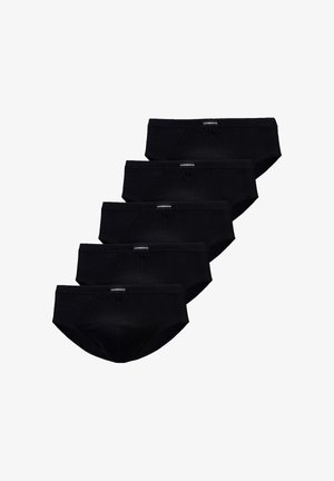 Fünf Paare schwarze Baumwollslips mit glatter Textur und elastischem Bund. Jedes hat ein kleines Logo am vorderen Bund.