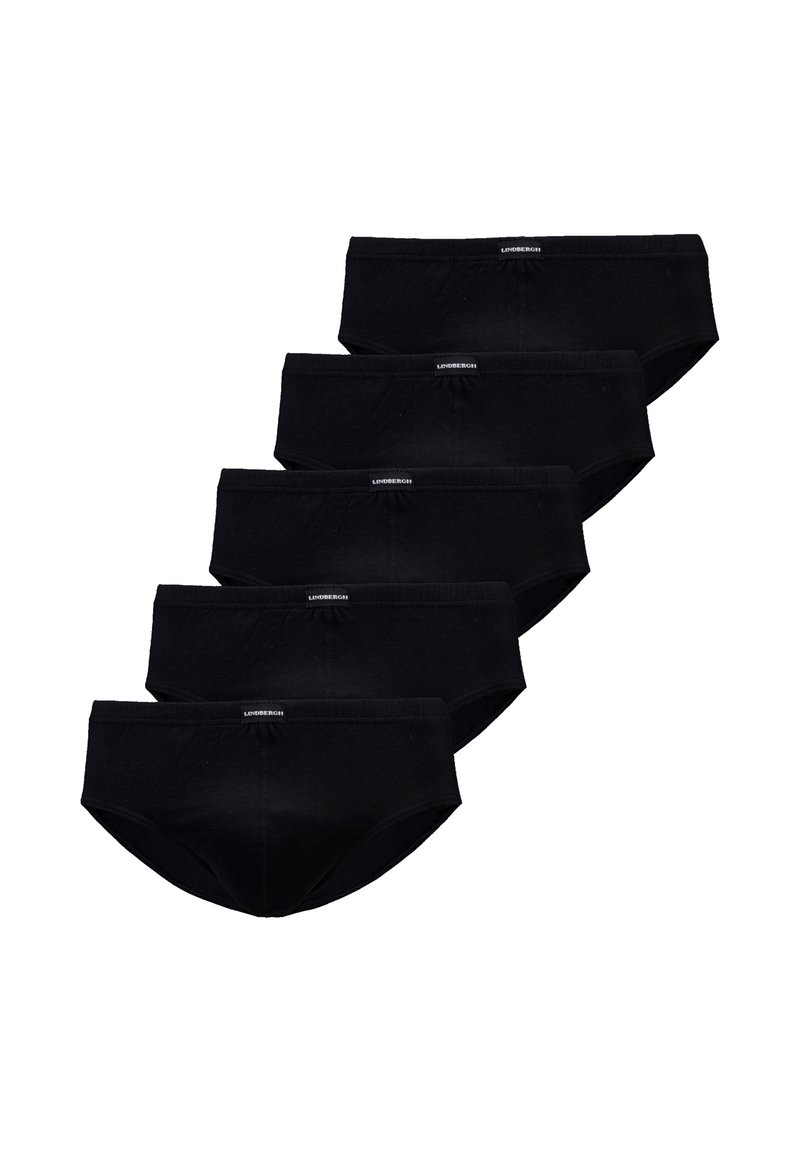 Vijf paar zwarte katoenen slips met een soepele textuur en elastische tailleband. Elk heeft een klein logo op de voorkant van de tailleband.
