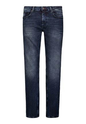 Donkerblauwe denim jeans met een rechtvallende pasvorm, voorzien van vijf zakken, een knoopsluiting en subtiele vervagingen over de stof.