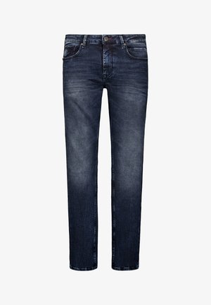 Donkerblauwe denim jeans met een rechtvallende pasvorm, voorzien van vijf zakken, een knoopsluiting en subtiele vervagingen over de stof.