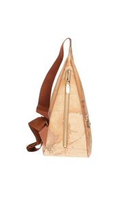 Borsa beige a forma triangolare con un motivo di mappa del mondo, chiusura con zip e una tracolla marrone. Texture liscia con dettagli mappali.
