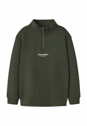 Olivegrüner Pullover mit hohem Kragen und Reißverschluss, auf der Brust mit dem Text "Studio edition 59°57'03"N" in Weiß bedruckt. Aus Baumwollmaterial, lässige Passform.