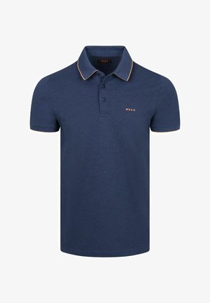 Navy blue short-sleeve polo shirt with peach trim on collar and sleeves, two-button placket, and small "N.Z.A." logo on chest.