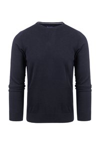 Marineblauwe pullover trui gemaakt van zachte stof, met een ronde halslijn, lange mouwen en geribde manchetten en zoom. Geen patronen of accenten.