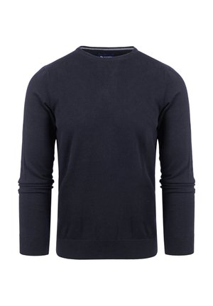 Marineblauwe pullover trui gemaakt van zachte stof, met een ronde halslijn, lange mouwen en geribde manchetten en zoom. Geen patronen of accenten.