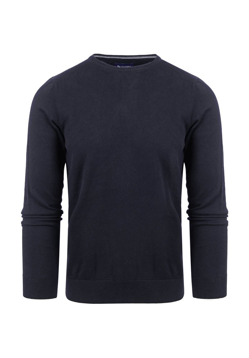 Marineblauwe pullover trui gemaakt van zachte stof, met een ronde halslijn, lange mouwen en geribde manchetten en zoom. Geen patronen of accenten.