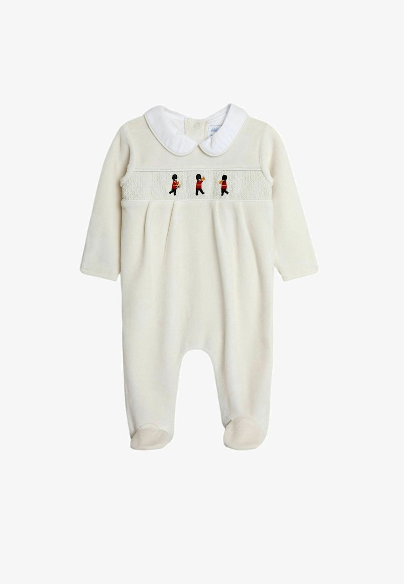 Cremfarbener Baby-Overall mit langen Ärmeln, einem weißen Kragen und bestickten Figuren in roten Uniformen. Weicher Stoff, geschlossene Füße.