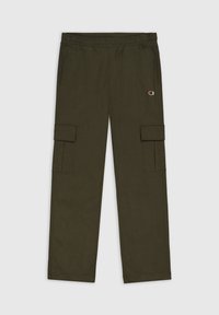 Olivgrüne Cargo-Hosen mit einem elastischen Bund, zwei seitlichen Taschen und zwei Klapptaschen. Hergestellt aus einem weichen Stoff mit einer glatten Textur.