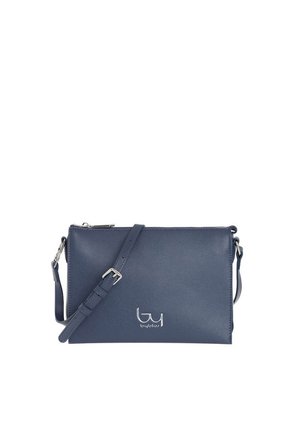 Borsa a tracolla in pelle blu scuro con tracolla regolabile e fibbia argentata, con logo "byblos" argentato sul davanti.