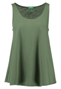 Sleeveless loose-fit tank top in olive green with round neckline and United Colors of Benetton label inside collar.