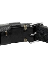Cinturino in pelle nera con finitura texture, fibbia in metallo argentato e dettagli di cucitura a contrasto.