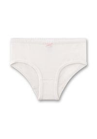 Witte katoenen slip met een zachte textuur, voorzien van een roze lintaccent op de tailleband en gestikte randen voor duurzaamheid.