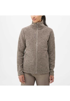 Veste en polaire texturée grise avec un col haut, fermeture éclair sur toute la longueur, deux poches latérales et une coupe ajustée. Comprend des détails cousus subtils.