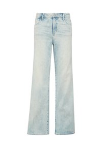 Lichtblauwe high-waisted wide-leg jeans in vervaagd denim. Voorzien van zijzakken en riemlussen, met een licht beschadigde textuur.