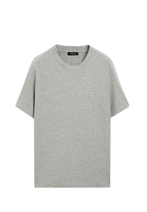Szara bawełniana koszulka z okrągłym dekoltem i krótkimi rękawami. Charakteryzuje się luźnym krojem i gładką fakturą. Brak widocznych wzorów ani zdobień.