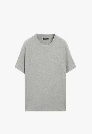 T-shirt en coton gris avec un col rond et des manches courtes. Présente une coupe décontractée et une texture lisse. Aucune motif ou accent visible.