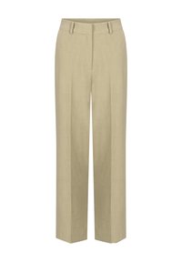 Beige linnen broek met een ontspannen pasvorm, met een vlakke voorkant, riemlussen en op maat gemaakte plooien. Gladde textuur en wijde benen.