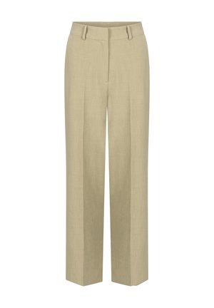 Beige Leinenhose mit lockerem Schnitt, flacher Vorderseite, Gürtelschlaufen und taillierten Falten. Glatte Textur und weite Beine.