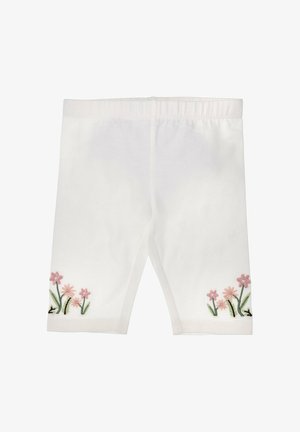 White baby leggings with elastic waistband and pink flower embroidery near the hem on both legs.