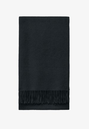 Black, rectangular wool scarf with a soft texture, featuring fringed edges for detail.
