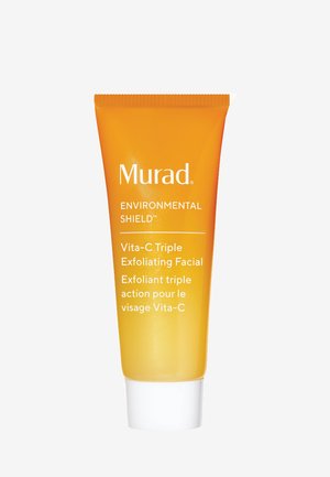 Murad Environmental Shield Vita-C Dreifach Peeling Gesichtsbehandlung in einer eleganten, durchsichtigen, orangefarbenen Tube mit weißem Deckel, versehen mit weißem Text.