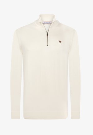 cream-colored knit pullover with a quarter-zip collar and ribbed cuffs. Features a small brown bird logo on the left chest.