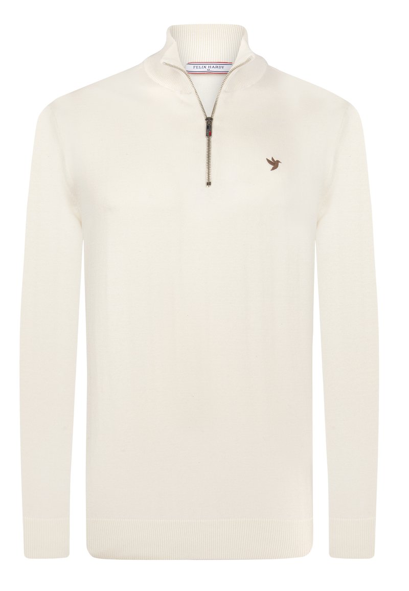 pull en tricot couleur crème avec un col zippé quart et des poignets côtelés. Présente un petit logo d'oiseau marron sur la poitrine gauche.
