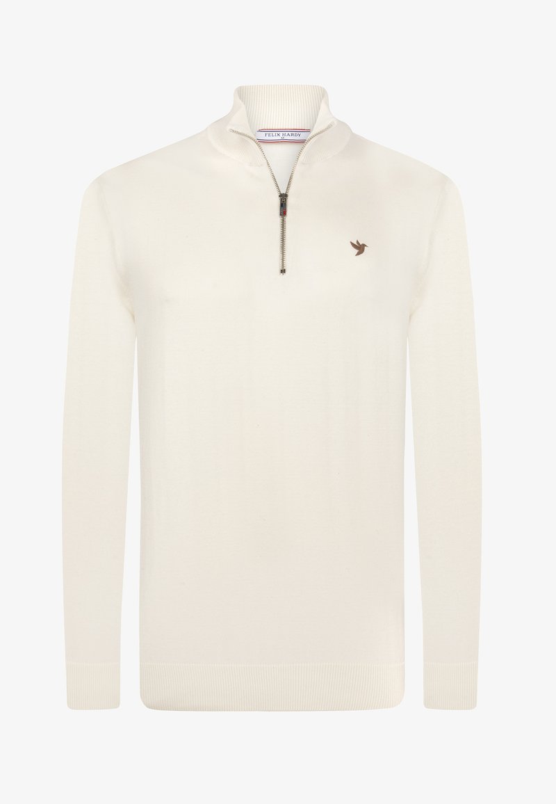 pull en tricot couleur crème avec un col zippé quart et des poignets côtelés. Présente un petit logo d'oiseau marron sur la poitrine gauche.