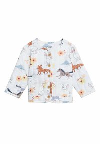 Pikowana kurtka dziecięca z długimi rękawami, z białym tłem i kolorowym nadrukiem zwierząt i kwiatów. Zapięcie na trzy guziki.