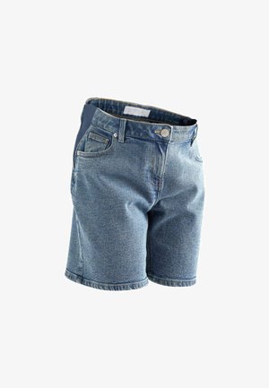 Denimshorts med blå vask, fem lommer, knaplukning, let slidte tekstur og kontrasterende taljevav.