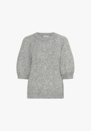 Pull en tricot gris avec un col rond, des manches bouffantes courtes et un motif en câble texturé sur l'ensemble. Tissu doux et chaleureux.