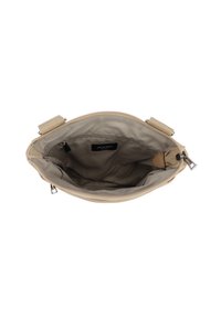 Borsa a mano in pelle beige con chiusura a zip. L'interno foderato presenta tasche e etichetta con logo. Design con manici doppi e accessori in metallo.