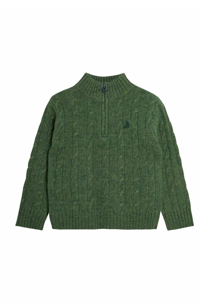 Grüner Strickpullover mit einem hohen Kragen, Reißverschluss am Hals, gerippten Bündchen und filigranen Kabelmustern im gesamten Stoff.