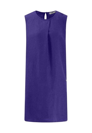 Bez rękawów fioletowa sukienka z okrągłym dekoltem i wycięciem z tyłu. Wykonana z gładkiego materiału, o luźnej sylwetce i bez wzorów.