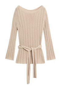 Beige ribbed knit long-sleeve sweater with boat neckline and attached belt tied at the waist.