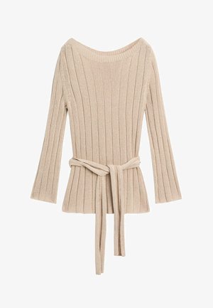 Beiger gerippter Strickpullover mit langen Ärmeln, Bootsausschnitt und angenähtem Gürtel, der in der Taille gebunden ist.
