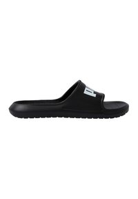 Sandal noir à enfiler en caoutchouc avec une semelle intérieure texturée et une semelle striée ; ornée du logo de la marque en blanc sur la bande supérieure.
