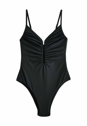 Juodas vientisas maudymosi kostiumėlis su giliais V formos iškirpte, raukiniais centre, plonomis petnešėlėmis ir aukštu kojų kirpimu. Lygus audinio paviršius.