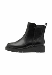 Schwarze Leder-Ankle-Boots mit elastischen Seitenpaneelen, einer runden Zehenpartie und einer klobigen, flachen Sohle. Schlichte Nähte betonen das Design.