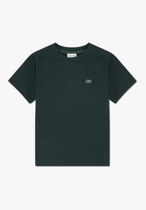 T-shirt vert foncé à manches courtes et col rond avec petit logo crocodile Lacoste sur la poitrine gauche.
