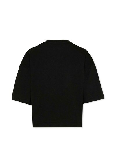 T-shirt court noir à manches courtes de coupe carrée, posé à plat, vu de dos avec un col rond et un ourlet droit.