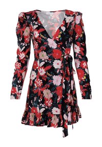 Vestido negro de envoltura con un patrón floral en rojo, rosa y blanco, mangas largas abullonadas, dobladillo con volantes y detalle de lazo en la cintura.