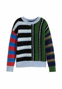 Mehrfarbiger Pullover mit unterschiedlichen gestreiften Mustern in Blau, Rot, Grün und Schwarz. Weicher, strukturierter Stoff mit Rundhalsausschnitt und gerippten Bündchen.