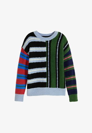 Daugiaspalvis megztinis su skirtingomis dryžuotomis raštais mėlynos, raudonos, žalios ir juodos spalvų. Minkšta, tekstūruota medžiaga su apvaliu kaklu ir vyriais rankovėmis.