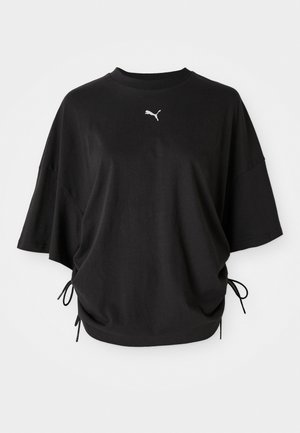 Sort kortærmet t-shirt lavet af bomuld, med rund halsudskæring og side snoretræk til justerbar pasform; Puma-logo i hvidt på brystet.